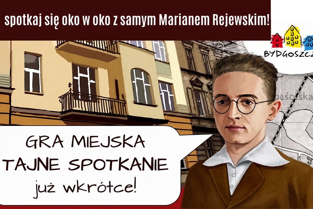 Baner gry miejskiej w stylu komiksowym - chłopiec w okularach przed kamienicą.