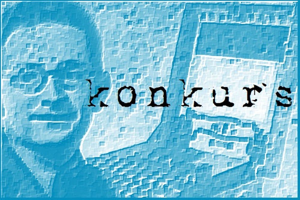 Pikselowa grafika z twarzą mężczyzny w okularach, maszyną Enigma i napisem „konkurs”.