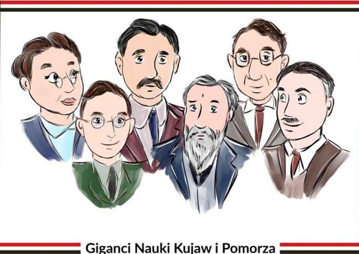 Rysunkowe wizerunki sześciu postaci. Pod nimi napis: Giganci Nauki Kujaw i Pomorza.