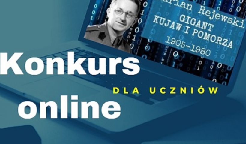 Na ekranie laptopa wizerunek kryptologa i napis "Konkurs online dla uczniów Marian Rejewski - gigant Kujaw i Pomorza".