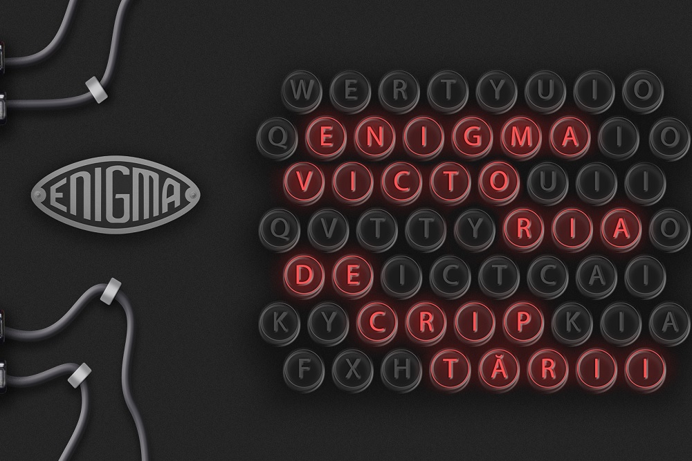 Na klawiaturze maszyny szyfrującej podświetlone klawisze tworzą napis po rumuńsku: enigma victoria de criptarii
