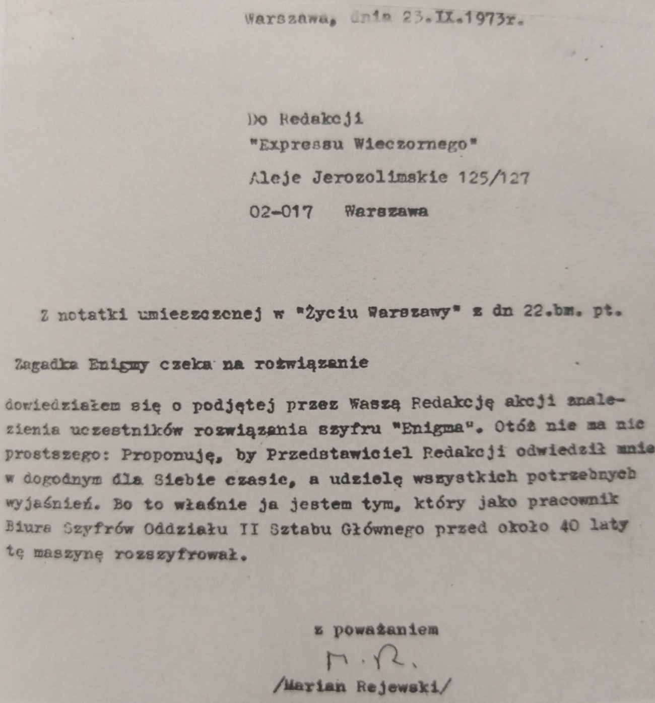 Kopia listu Mariana Rejewskiego do redakcji "Expressu Wieczornego".