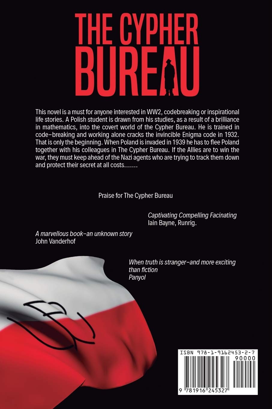 Czwarta strona okładki książki "The Cipher Bureau" z flagą biało-czerwoną ze znakiem Polski Walczącej.