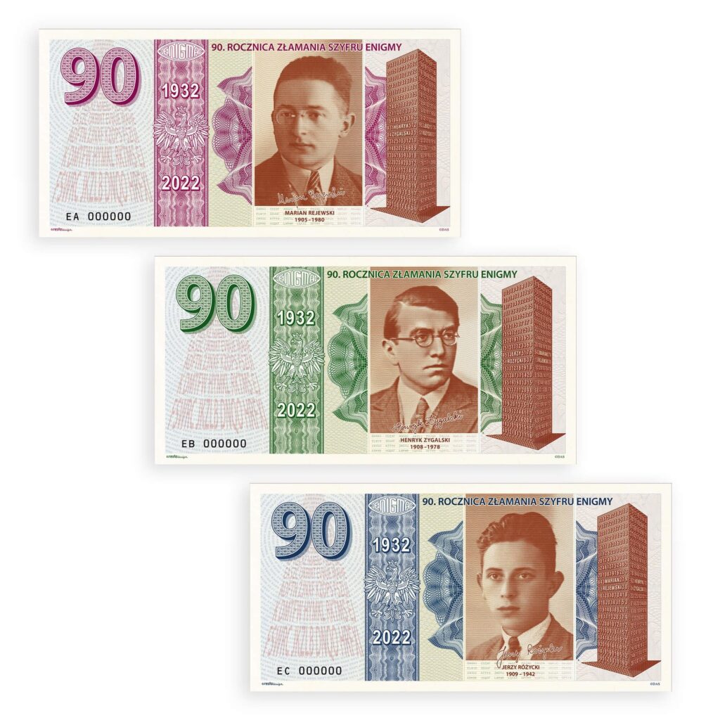 Trzy banknoty nieobiegowe o nominale 90 z wizerunkami polskich kryptologów.