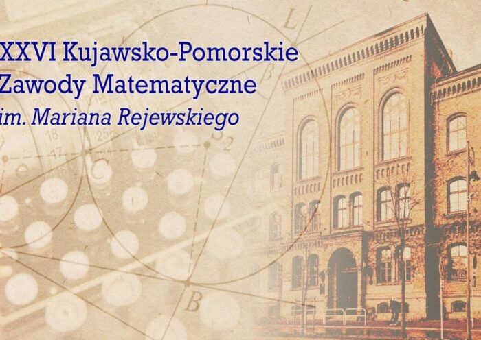 Budynek z cegły i klawiatura Enigmy. Napis: 26 Kujawsko-Pomorskie Zawody Matematyczne...
