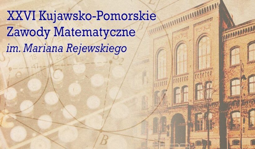 Budynek z cegły i klawiatura Enigmy. Napis: 26 Kujawsko-Pomorskie Zawody Matematyczne...