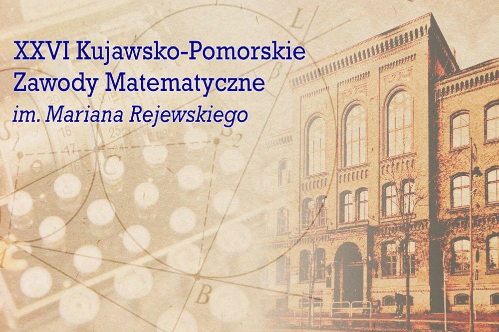 Budynek z cegły i klawiatura Enigmy. Napis: 26 Kujawsko-Pomorskie Zawody Matematyczne...