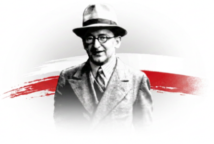 Rejewski w kapeluszu i okularach na tle barw narodowych.