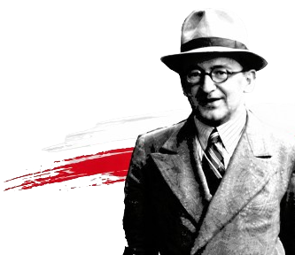 Rejewski w kapeluszu i okularach na tle barw narodowych.