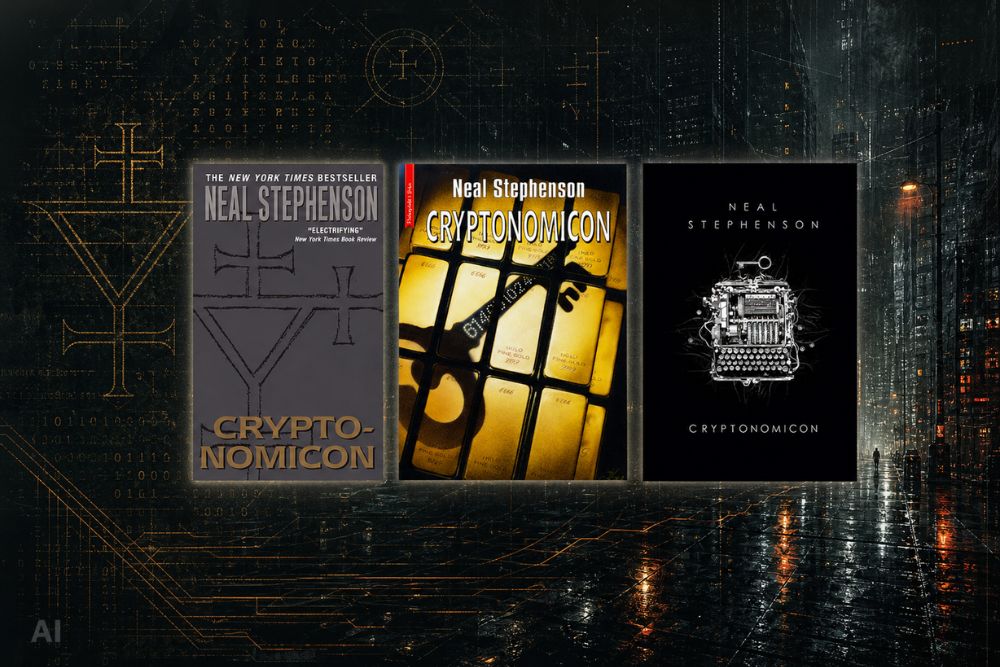 Trzy okładki różnych wydań ksiązki "Cryptonomicon" na tle mrocznego, wielkiego miasta.